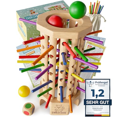 SINNESFUCHS® Farblernturm - Montessori Spielzeug ab 3 Jahre - Holzspielzeug pädagogisch wertvoll - Lernspiele ab 3 Jahre - Stäbchenspiel aus Holz -Kinderspiele ab 4 Jahre - Kinder Farben Spiel von SINNESFUCHS