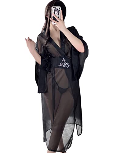 Damen Traditionelle japanische Kimono Stil Robe Kostüme Pyjama Sexy Dessous Sets Anime Cosplay (schwarz) von SINROYEE