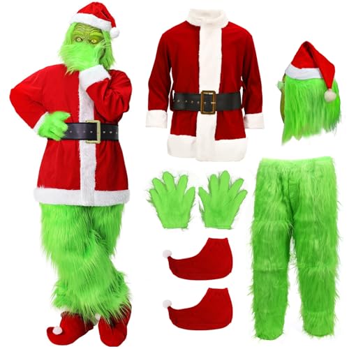 SINSEN Grinch Kostüm für Erwachsene 7 Teile Weihnachten Grün Großes Monster Kostüm Erwachsene Weihnachts Cosplay Kostüm Luxus Weihnachtsmann Anzüge Outfits von SINSEN