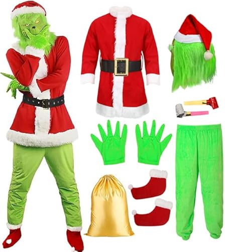 9-teiliges Erwachsenen-Weihnachtskostüm für Herren, Weihnachtsmann-Outfit mit Weihnachtsmaske, grünes Monster, pelziger Weihnachtsmann-Anzug, Weihnachten, Cosplay, Kostüm, Verkleidung von SINSEN