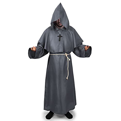 Mönch Kostüm Robe,Priester Mönch Gewand Kostüm Halloween Cosplay Faschingskostüme Fancy Dress Mittelalterliche Robe Umhang Kostüme Für Erwachsene (S,Grau) von SINSEN