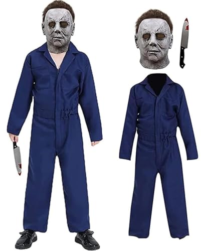 SINSEN 3PCS Michael Myers Kostüm für Kinder Michael Myers Overall Gruselige Killer Latexmaske mit Blutspielzeug Halloween Weihnachts Cosplay Outfits für Jungen Mädchen von SINSEN