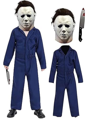 SINSEN 3PCS Michael Myers Kostüm für Kinder Michael Myers Overall Gruselige Killer Latexmaske mit Blutspielzeug Halloween Weihnachts Cosplay Outfits für Jungen Mädchen von SINSEN