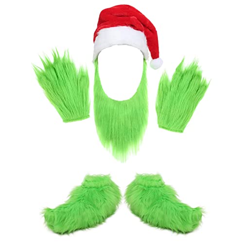 SINSEN 4 Stück Grinch Bart Nikolausmütze mit pelzigen Handschuhen Schuhe grünes Monster Plüsch Kostüm Zubehör Cosplay für Weihnachten Halloween Party Erwachsene Verkleidung von SINSEN