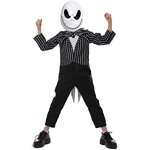 SINSEN Jack Kostüm für Kinder The Skeleton Skellington Cosplay Overall mit Maske Fliege Halloween und Weihnachtsoutfits für 4-14 Jahre von SINSEN