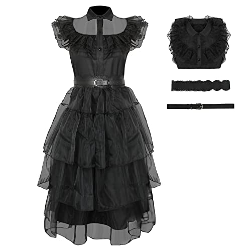 SINSEN Wednesday Addams Kostüm Kinder,Wednesday Addams Kleid Mädchen Wednesday Cosplay Kostüm Mit Gürtel Halloween Cosplay Faschingskostüme Outfit (XL,150cm) von SINSEN