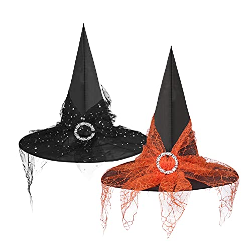 Halloween Hexenhut 2 Stück Zauberhut Elegant Halloween Kostüm Mütze mit Spitzenschleier Partyhut Breit Krempe für Damen Mädchen Hexenaccessoire Spire Kopfbedeckung für Cosplay Halloween Party von SIQITECH