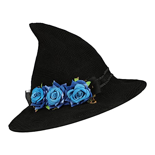 Halloween Zaubererhut Blumen Moderner Hexenhut Halloween Damen Mädchen Hexenkostüm Accessoire mit breiter Krempe Spire Partyhut für Karneval Kostüm Cosplay Masquerade Halloween Dekoration von SIQITECH