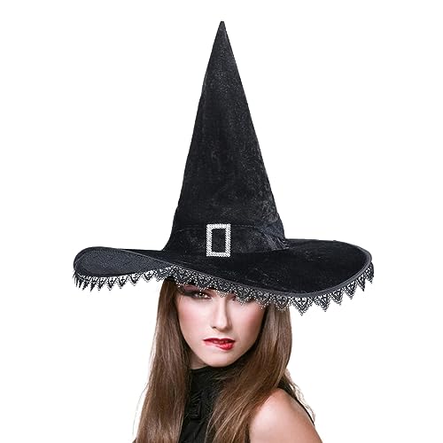 SIQITECH Hexenhut Halloween Zaubererhut Breite Krempe Hexenhut Gerüschter Zauberermütze Quasten Hexenkostüm Accessory Damen Mädchen Zauberer Hut für Halloween Karneval Masquerade Dekoration von SIQITECH