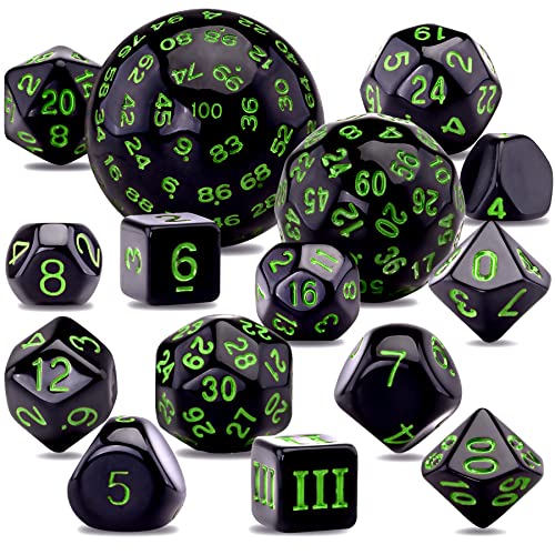 SIQUK 15 Stücke Polyedrische Würfel Set mit Beuteln D3-D100 Würfel Polyeder Würfel DND Spiel Würfel für Dungeons und Dragons RPG MTG, Schwarz und Grün von SIQUK