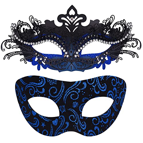 SIQUK 2 Stück Venezianische Maske Paar Maskerade Mask Venezianischen Maske Kostüm Masken für Damen Herren Halloween Karneval Party, Schwarz & Blau von SIQUK