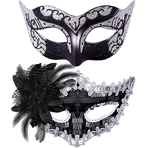 SIQUK 2 Stück Venezianische Maske Paar Maskerade Mask Venezianischen Maske Kostüm Masken für Damen Herren Halloween Karneval Party, Schwarz & Silber von SIQUK