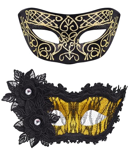 SIQUK 2 Stück Venezianischen Maske Masquerade Maske Paar Maskerade Masken für Damen Herren Halloween Karneval Party Kostüm, Schwarz & Gold von SIQUK