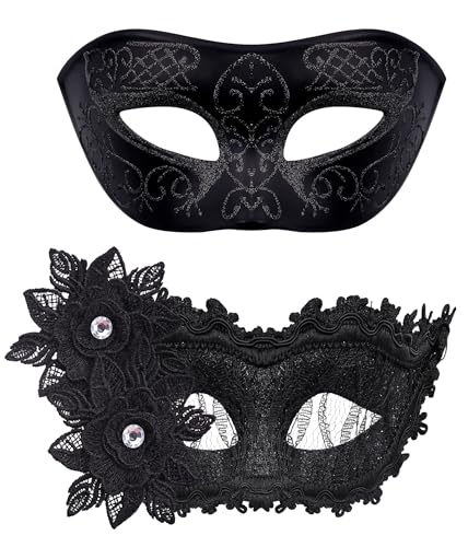 SIQUK 2 Stück Venezianischen Maske Masquerade Maske Paar Maskerade Masken für Damen Herren Halloween Karneval Party Kostüm, Schwarz von SIQUK