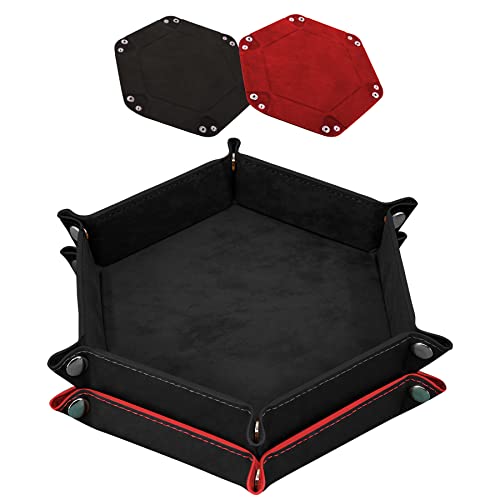 SIQUK 2 Stück Würfelbretter Doppelseitig Würfelbrett, Samt Faltbar Würfeltablett Hexagon Würfelteller Leder Würfelbretter für RPG DND Dragons Würfel Gaming (Schwarz, Rot) von SIQUK