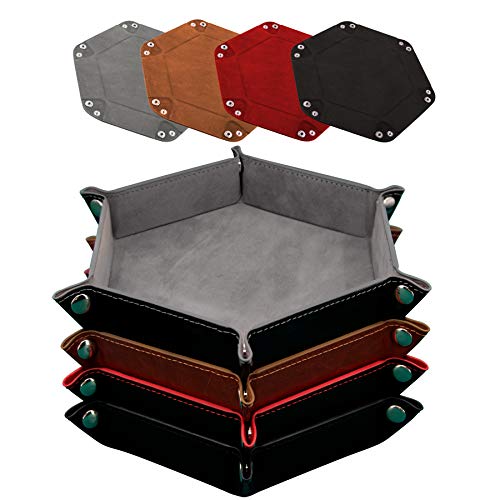 SIQUK 4 Stück Würfelbretter Leder und Samt Würfelteller, 4 Farbe Würfeltablett Hexagon Würfelteller Leder Würfelbretter für RPG DND Dragons Würfel Gaming (Gris, Chameau, Rouge und Noir) von SIQUK