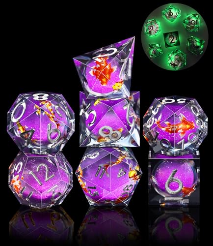 SIQUK 7 Stück Liquid Core Würfel Koi Fisch DND Würfel Spielwürfel Leuchten im Dunkeln Polyedrische Würfel Set D4 D6 D8 D10 D12 D20 D% für DND RPG MTG von SIQUK