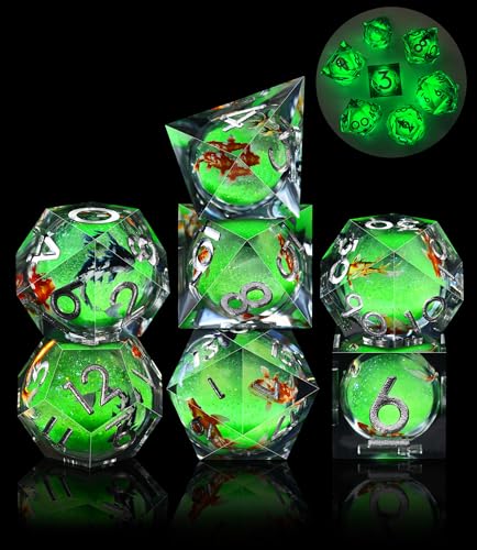 SIQUK 7 Stück Liquid Core Würfel Koi Fisch DND Würfel Spielwürfel Leuchten im Dunkeln Polyedrische Würfel Set D4 D6 D8 D10 D12 D20 D% für DND RPG MTG von SIQUK