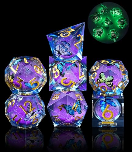 SIQUK 7 Stück Liquid Core Würfel Schmetterling DND Würfel Spielwürfel Leuchten im Dunkeln Polyedrische Würfel Set D4 D6 D8 D10 D12 D20 D% für DND RPG MTG von SIQUK