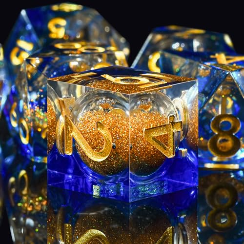 SIQUK 7 Stück Würfel Set Polyedrische Würfel Liquid Core Würfel D4 D6 D8 D10 D12 D20 D% Spielwürfel für DND RPG MTG, Blau & Gold von SIQUK