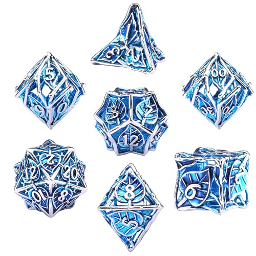 SIQUK 7 Stücke DND Würfel Set, Metall Würfel Spiel Polyedrische Würfel Hohles Spielwürfel Dungeons and Dragons Würfel für D&D MTG RPG（Blau & Silber） von SIQUK