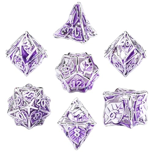 SIQUK 7 Stücke DND Würfel Set, Metall Würfel Spiel Polyedrische Würfel Hohles Spielwürfel Dungeons and Dragons Würfel für D&D MTG RPG (Violett & Silber) von SIQUK