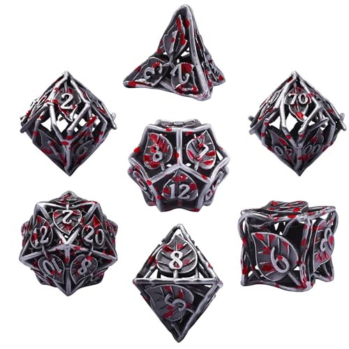 SIQUK 7 Stücke DND Würfel Set, Metall Würfel Spiel Polyedrische Würfel Hohles Spielwürfel Dungeons and Dragons Würfel für D&D MTG RPG (Zinn & Blut) von SIQUK