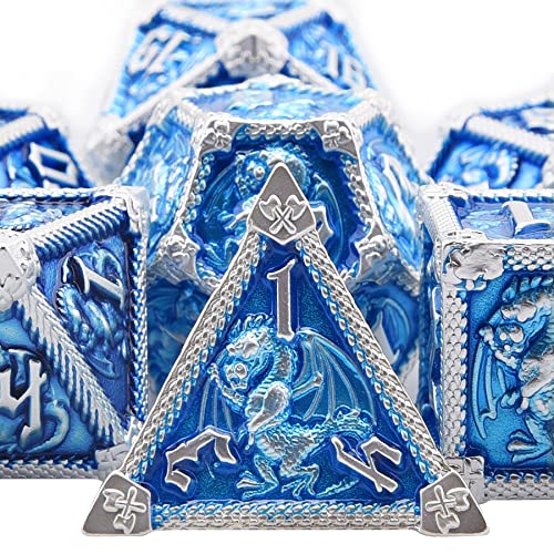 SIQUK 7 Stücke Würfel Metall Set DND Würfel Polyedrisch Würfel Metall Spielwürfel D20 D12 D10 D% D8 D6 D4 DND Dice Metal für RPG D&D Dungeons and Dragons, Himmel Blau von SIQUK