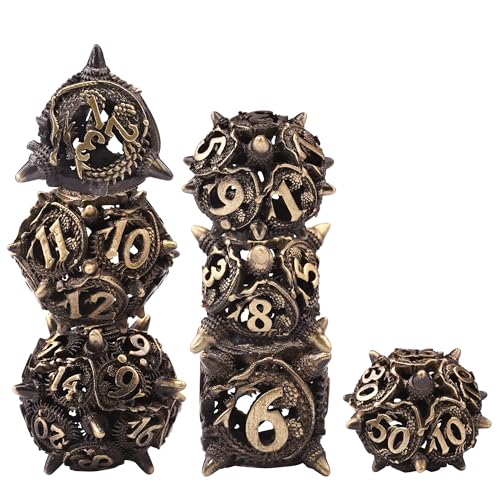 SIQUK 7 Stücke Würfel Polyedrisch DND, Würfel Metall Hohle Spiel Würfel Spielwürfel Dice Set D4/D6/D8/D10/D12/D20/D% für Dungeons and Dragons D&D MTG RPG, Antike Bronze von SIQUK