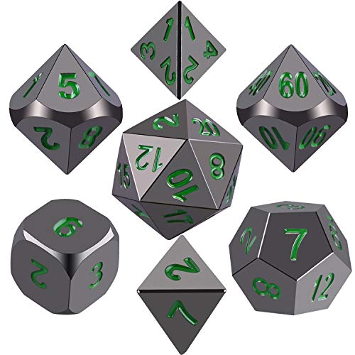 SIQUK 7 Stück Würfel Metall Polyhedral Würfel Set, Glänzend Schwarz Lackiert und Dunkelgrüne Zahlen Zink-Legierung Würfel mit Metallgehäuse für Dungeons und Dragons RPG Dice Gaming von SIQUK