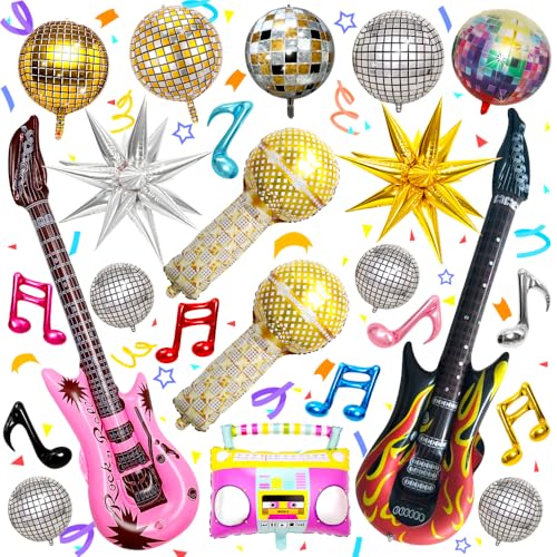 SITAKEGS Disco Party Ballons, 26pcs Disco Ball Explosion Star Gitarre aufblasbar Saxophon Mikrofon gemischte Musik Folienballon, 80er 90er Retro Thema Hip Hop Disco Fieber Geburtstag Party Ballon von SITAKEGS