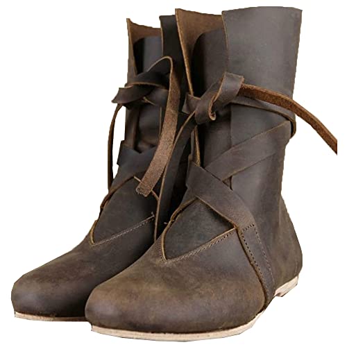 Mittelalter PU Leder Ritterstiefel Renaissance Mittelalter Cosplay Stiefel Herren Damen Vintage Stiefel Flache Unterseite Schnürschuhe für Cosplay Karneval Party (Braun42) von SIULAS