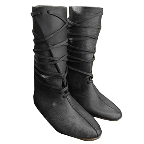 Mittelalter Stiefel - PU Leder Schnürstiefel Renaissance Mittelalter Cosplay Stiefel - Renaissance Ritterstiefel Flache Herren Stiefel - Retro Festival LARP Schuhe für Cosplay (black44) von SIULAS