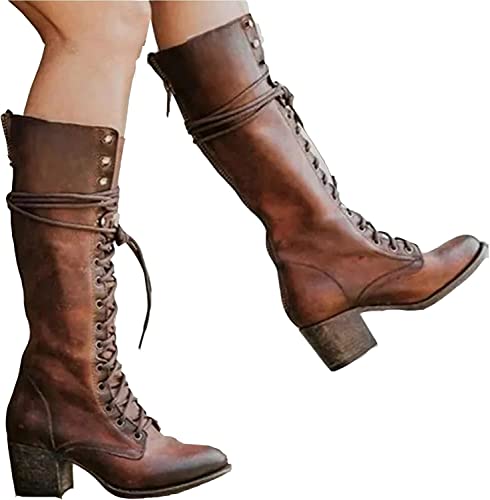 Renaissance Mittelalter Cosplay Stiefel - PU Leder Stiefel High Heels Schuhe - Mittelalter Mittelwadenstiefel Knielang Schnürschuhe Festival Larp Schuhe für Cosplay (Braun37) von SIULAS