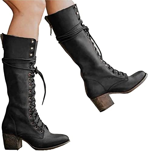 Renaissance Mittelalter Cosplay Stiefel - PU Leder Stiefel High Heels Schuhe - Mittelalter Mittelwadenstiefel Knielang Schnürschuhe Festival Larp Schuhe für Cosplay (black36) von SIULAS