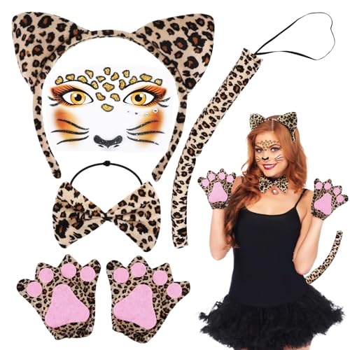 SIWOKJJO 6-teilig Leoparden Kostüm Set, Leoparden Kostüm Damen, Leoparden Ohren Haarreif, Leopard Schwanz, Fliege, Handschuhe, Leopard Schminke Aufkleber für Fasching Karneval Verkleidung Party von SIWOKJJO