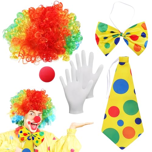 SIWOKJJO 5 Stück Clown Kostüm Accessoire, Regenbogen Perücke Clown, Lockenperücke Clown, Clown Nase, Fliege, Krawatte, Handschuhen, Clown Kostümzubehör für Damen und Herren Karnevalisten von SIWOKJJO