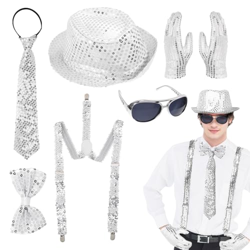 SIWOKJJO Glitzer Outfit Herren 6er Set, Glitzer Accessoires Herren, Glitzer Kostüm Herre Pailletten Kostüm Silber 70er Jahre Disco Zubehör für Karneval Fasching Disco Party von SIWOKJJO