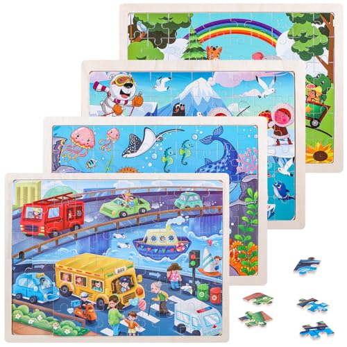 SIWOKJJO Puzzle ab 4 5 6 7 8 Jahre, 4x60 PCS Kinder Holzpuzzle, Holzpuzzles Montessori für Jungen Mädchen, Verschiedene Themen Kinderpuzzle Geschenke für Kinder von SIWOKJJO