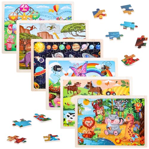 SIWOKJJO Puzzle ab 4 5 6 7 8 Jahre, 6x60 PCS Kinder Holzpuzzle, Holzpuzzles Montessori für Jungen Mädchen, Verschiedene Themen Kinderpuzzle Geschenke für Kinder von SIWOKJJO