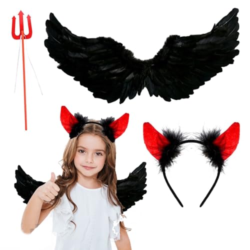 SIXSSSM Engel Flügel Schwarz,3 Stück Federflügel Engel Flügel Schwarz Damen,Halloween Schwarzer Engel,Gefallener Engel Kostüm,Dunkler Engel Kostüm,für Karneval Halloween Performance Party von SIXSSSM