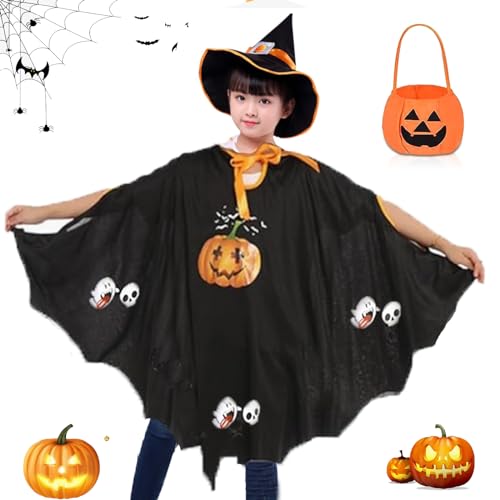 SIXSSSM Halloween Fledermaus Umhang mit Hut Halloween Schwarz Fledermaus Umhang Halloween Kostüm Kinder,Geeignet für Höhe 90-150cm Mädchen Jungen Kinder für Halloween von SIXSSSM