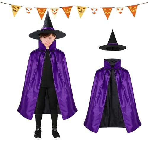 SIXSSSM Kinder Halloween Kostüm, Hexe Zauberer Umhang mit Hut, Witch Umhang, Wizard Cape mit Hut Hexe umhang hut, Geeignet für 3-12 Jahre alten Mantel für Jungen Mädchen Cosplay Party von SIXSSSM