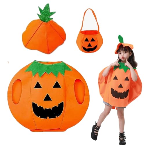 SIXSSSM Kinder Kürbis Kostüm Anzug,Kürbis Cosplay Party Kleidung mit Hut und Kürbistasche,Pumpkin Halloween Cosplay,Halloween Kostüm Kürbis Anzug,für Kinder Halloween Karneval Kostümparty von SIXSSSM