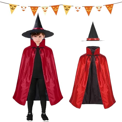 SIXSSSM Kinder Halloween Kostüm, Hexe Zauberer Umhang mit Hut, Witch Umhang, Wizard Cape mit Hut Hexe umhang hut, Geeignet für 3-12 Jahre alten Mantel für Jungen Mädchen Cosplay Party von SIXSSSM