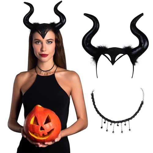 SIXSSSM Königin Hörner Teufel Kopfschmuck mit Gothic Spitze Halskette Schwarz Böse Haarreif Damen Maleficent Kostüm Zubehör für Halloween Karneval Fasching Maskerade von SIXSSSM