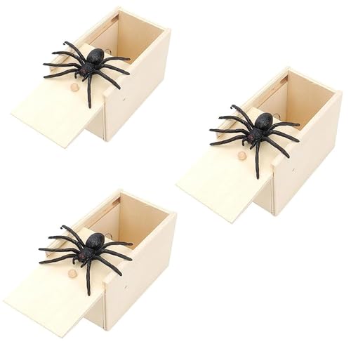 SJIESOG Spinne erschrecken Prank Box, Holz Überraschungs Streichschachtel mit Gefälschten Spinnen, Streiche Spinne Spielzeug für Erwachsene Halloween Weihnachten (3 Pcs) von SJIESOG