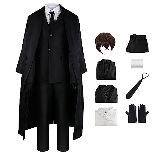 SKAYWHUK Anime Bungo Stray Dogs Kostüm Dazai Osamu Cosplay Schwarz & Khaki Lange Trenchweste Zubehör mit Perücke von SKAYWHUK