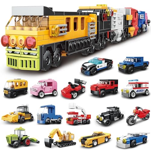 City Car Building Blocks, 16-in-1 Bauspielzeug 710 Stück, mit Polizeiauto, Feuerwehrauto, Motorrad, Planierraupe etc., Rollenspiel, Bausteine, pädagogisches Gebäude für Kinder ab 6 Jahren als Geschenk von SKERITO