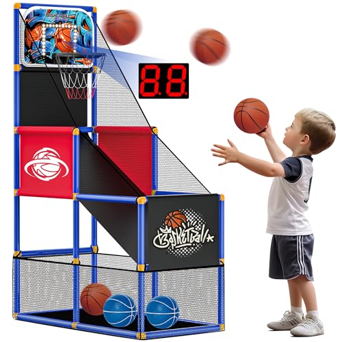 SKERITO Basketball Spielset, Basketballspiel-Set mit 4 Bällen und Reifen für Kinder von 3 4 5 6 7 8 9 10 11 12 Jahren, Indoor-Outdoor-Sport, einfaches Aufbauen, Luftpumpe im Lieferumfang enthalten von SKERITO